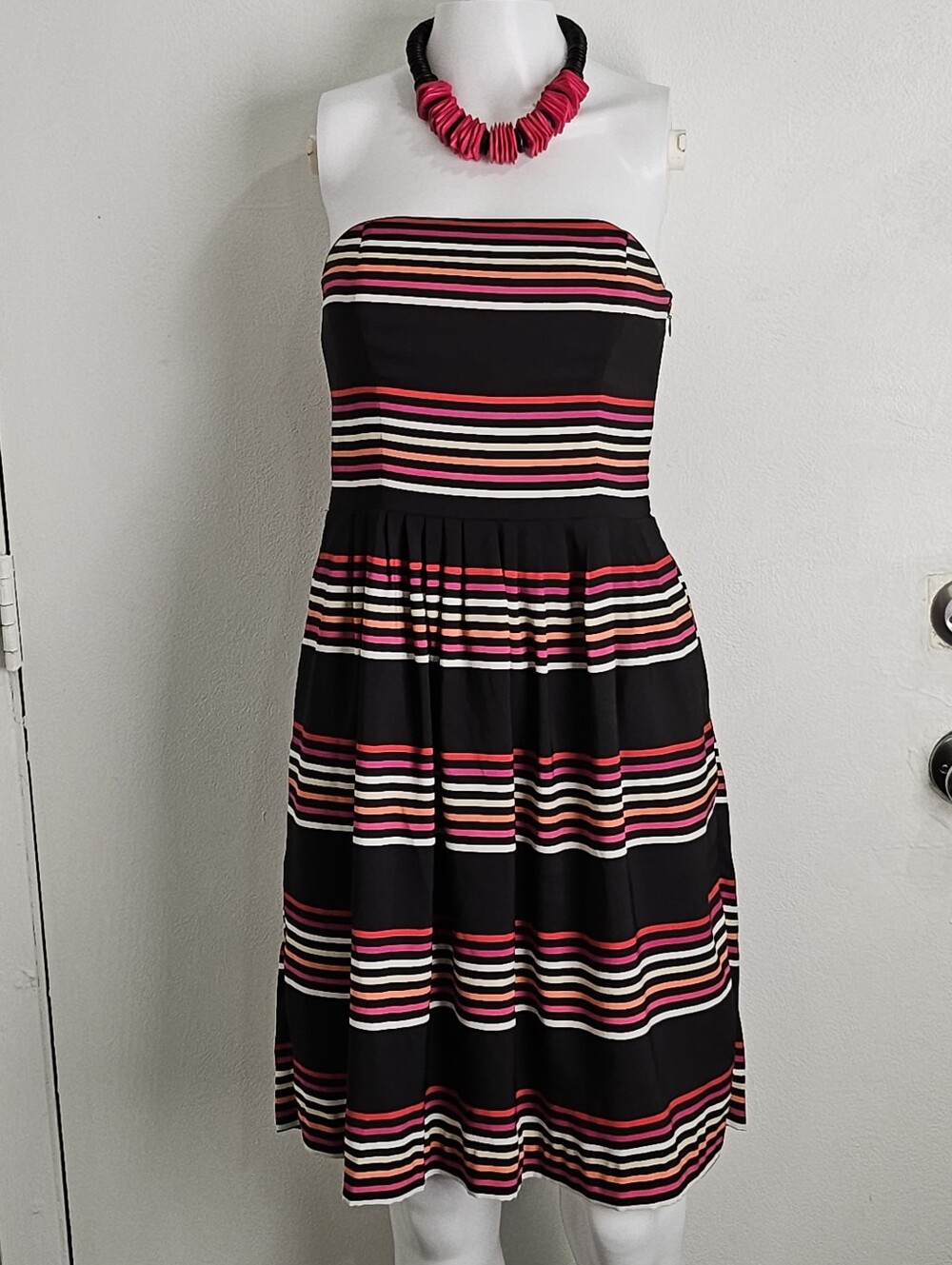 White House Black Market 100% Silk Striped Strapless Black and Pink Summer Dress